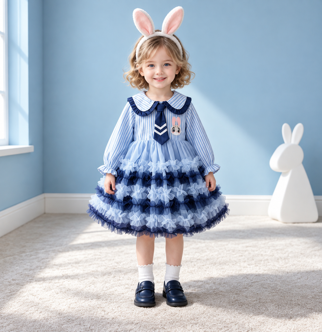 Vestido Infantil Azul con Falda de Tul y Detalles Marineros
