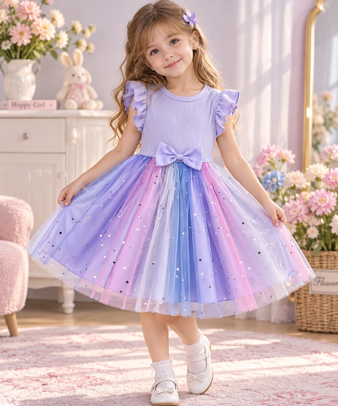 Vestido Infantil Princesa con Volantes y Diseño Floral